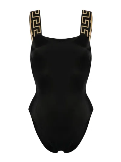 Versace One Piece Swimsuit With Greek Border In Black