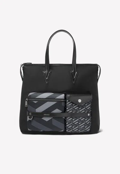 Versace Monogram Zipped Tote Bag In Black