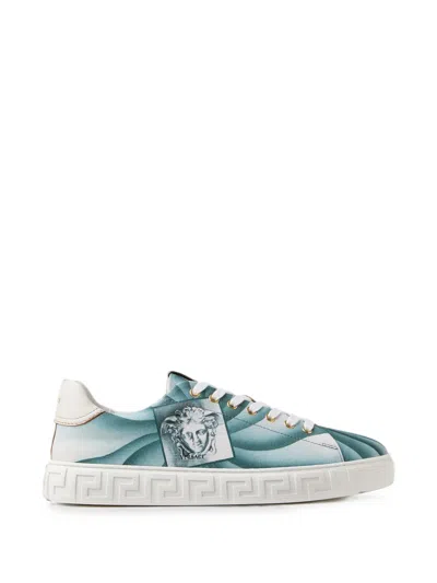 Versace Greca Printed Canvas Sneakers In Blue