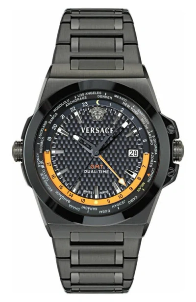 Versace Greca Reaction Gmt Bracelet Watch, 44mm In Black