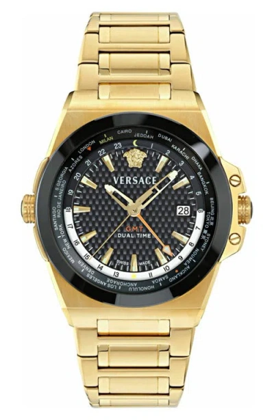 Versace Greca Reaction Gmt Bracelet Watch, 44mm In Gold