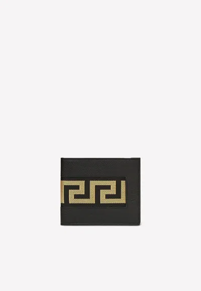Versace Greca Ribbon Leather Bi-fold Wallet In Black