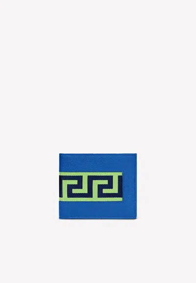 Versace Greca Ribbon Leather Bi-fold Wallet In Blue