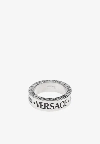 Versace Greca Ring With Engraved Logo In Silver