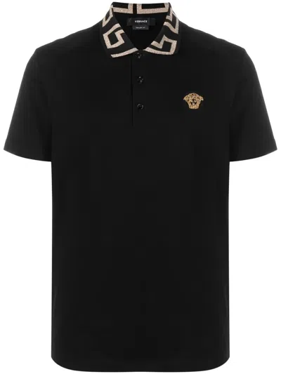 Versace Geometric Patterned Black Polo Shirt With Classic Placket