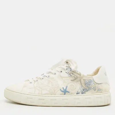 Pre-owned Versace Greca Size 39 White Canvas And Leather Coral Theater Lace Up Sneakers