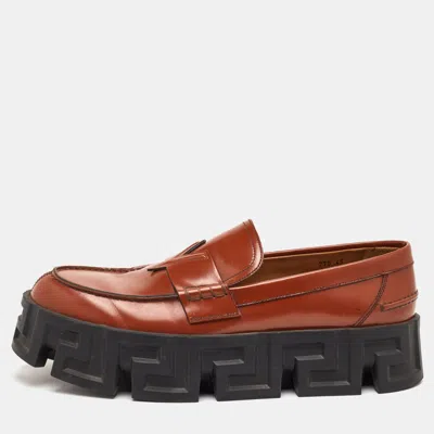 Pre-owned Versace Greca Size 45 Brown Leather Platform Slip On Loafers