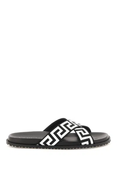 Versace Greca Leather Sandals In Black