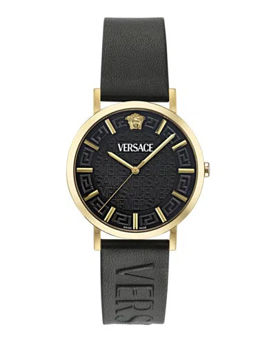 Versace Greca Slim Leather Watch In Black