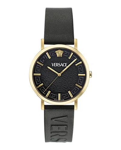 Versace Greca Slim Leather Watch In Black