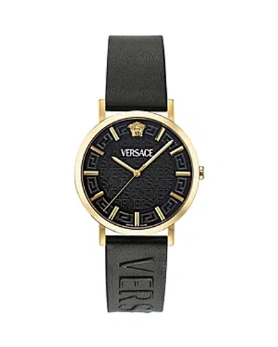 Versace Greca Slim Leather Watch In Black