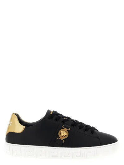 Versace 'greca' Low-top Sneakers Gold Accents In Black