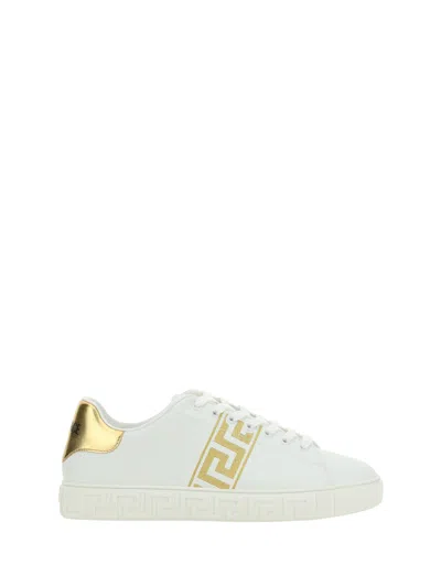Versace Leather Sneakers With Embroidered La Greca Motif In White