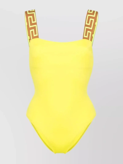 Versace Greca Lycra One-piece Swimsuit In Yellow & Orange