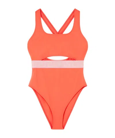 Versace Greca-strap Cut-out Swimsuit In Orange