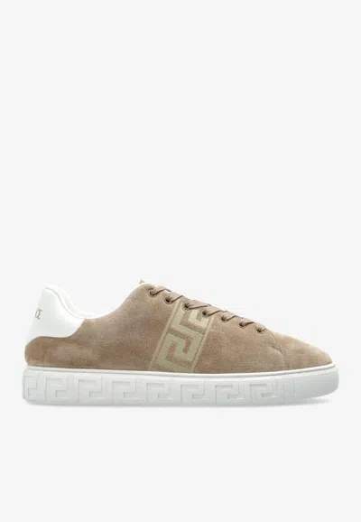 Versace Greca Suede Sneakers In Neutral
