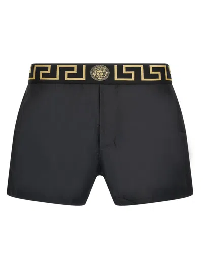 Versace Black Swimsuit Shorts With Greca Detail In Tech Fabric Man