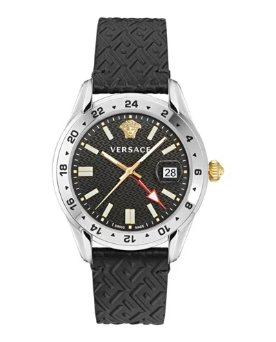 Versace Men's Swiss Greca Time Gmt Black Leather Strap Watch 41mm In Stainless Steel