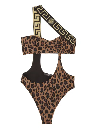 Versace Greca-trim Leopard Print Swimsuit In 5n440-chestnut+gold