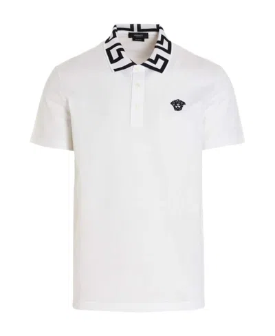 Versace Greca-trim Medusa-plaque Polo Shirt In White