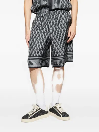 Versace Greca-trim Silk Shorts In Gray