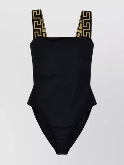 Versace Greca Trim Square Neck One-piece Swimsuit In Black