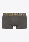 Versace Logo Stretch-cotton Boxer Briefs In Gray