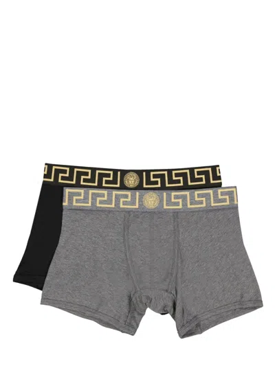Versace Greca Border Long Boxers (pack Of Two) In Black