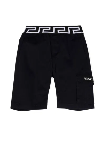 Versace Kids' Boy's Greca-waist Gabardine Cargo Shorts In Blu Scuro