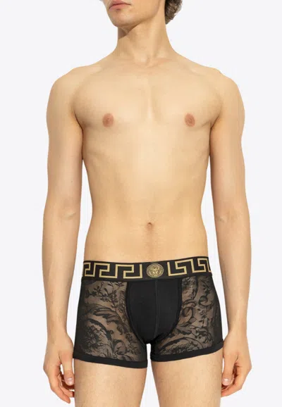 Versace Greca Waistband Lace Boxers In Black