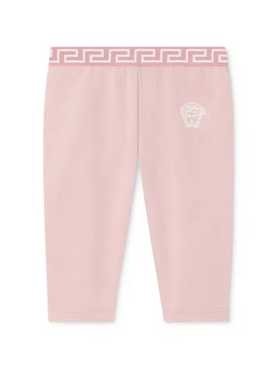 Versace Babies' Logo Embroidered Fabric Leggins In Pink