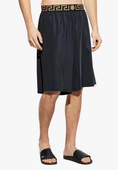 Versace Greca Waistband Swim Shorts In Black