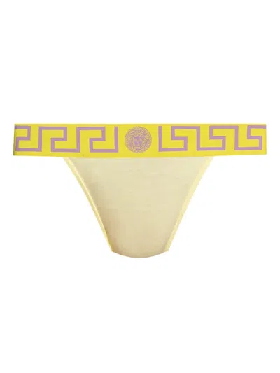 Versace Greca-waistband Thong In Yellow