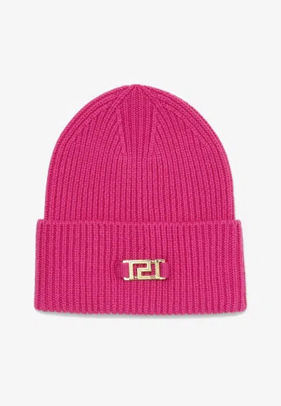Versace Greca Wool Ribbed Beanie In Pink