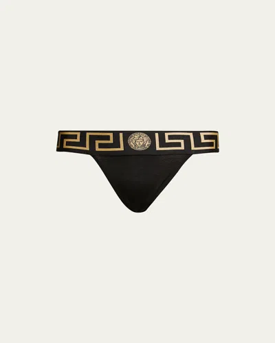 Versace Greca-border Stretch Cotton Thong In Black