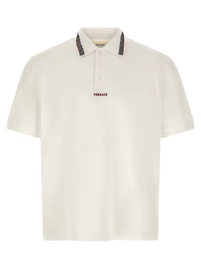 Versace Greca-embroidered Collar Polo Shirt In White