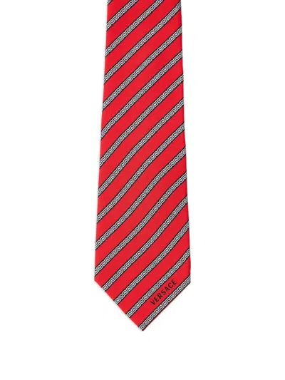 Versace Greca-pattern Diagonal-stripe Tie In Red