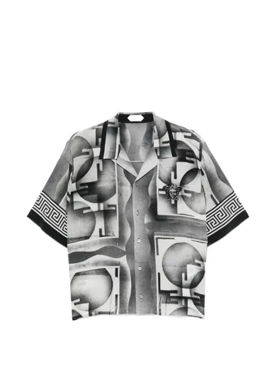 Versace Open Collar Black Silk Shirt With Geometric Print In Multi