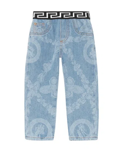 Versace Greca.print Waistband Jeans In Blue