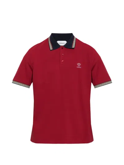 Versace -style Embroidered Medusa Logo Greek Motif Shirt-collar Polo With Three-button Placket In Multi