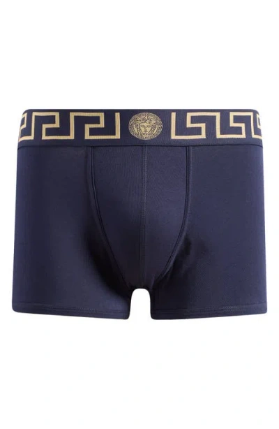 Versace Grecca Band Boxer Briefs In Blue-gold