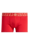 Versace Red Greca Border Long Boxers In Red Gold