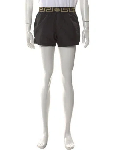 Pre-owned Versace Grecca Pattern Graphic Print Swim Trunks In Black