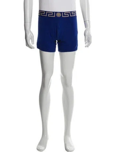 Pre-owned Versace Grecca Pattern Graphic Print Swim Trunks W/ Tags In Blue