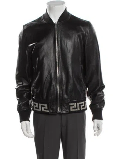 Pre-owned Versace Grecca Pattern Lambskin Bomber Jacket In Black