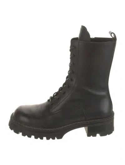 Pre-owned Versace Grecca Pattern Leather Combat Boots In Black