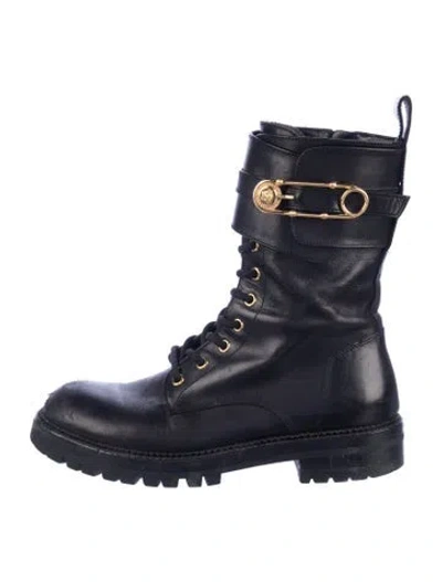 Pre-owned Versace Grecca Pattern Leather Combat Boots In Blue