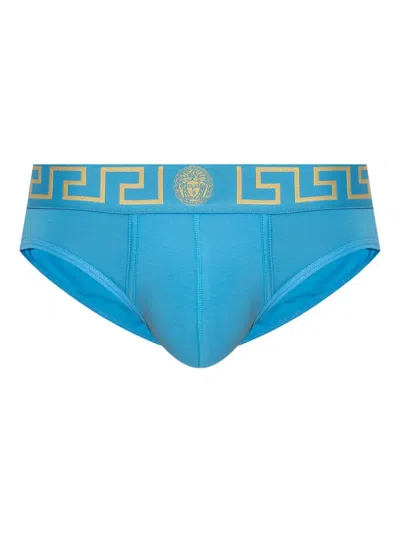 Versace Grecca-waistband Briefs In Blue