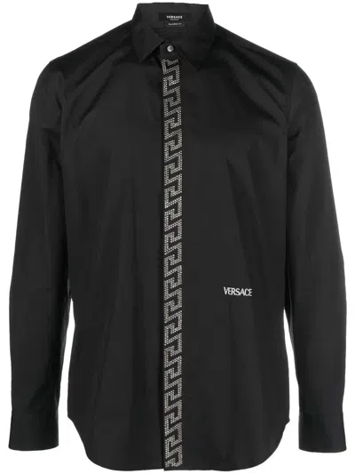 Versace Greek Key-embroidered Shirt In Black