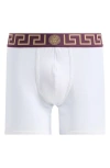 Versace Greek Key Jersey Boxer Briefs In White Dark Aubergine-gold